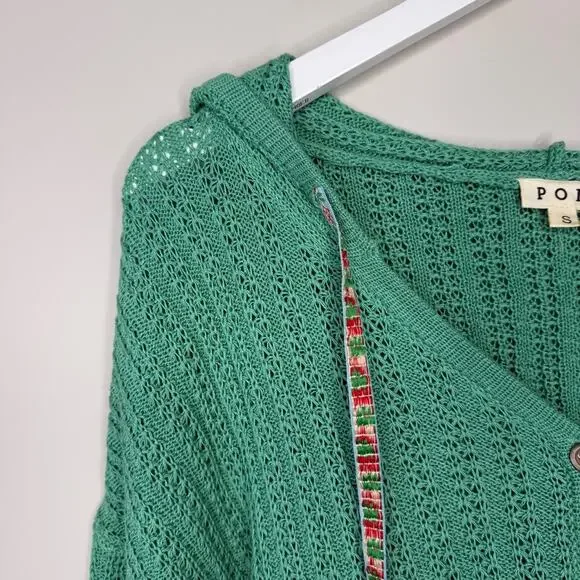 POL | Green Crochet Patchwork Knit Hooded Cardigan Granny Size Small Oversized - Picture 3 of 11
